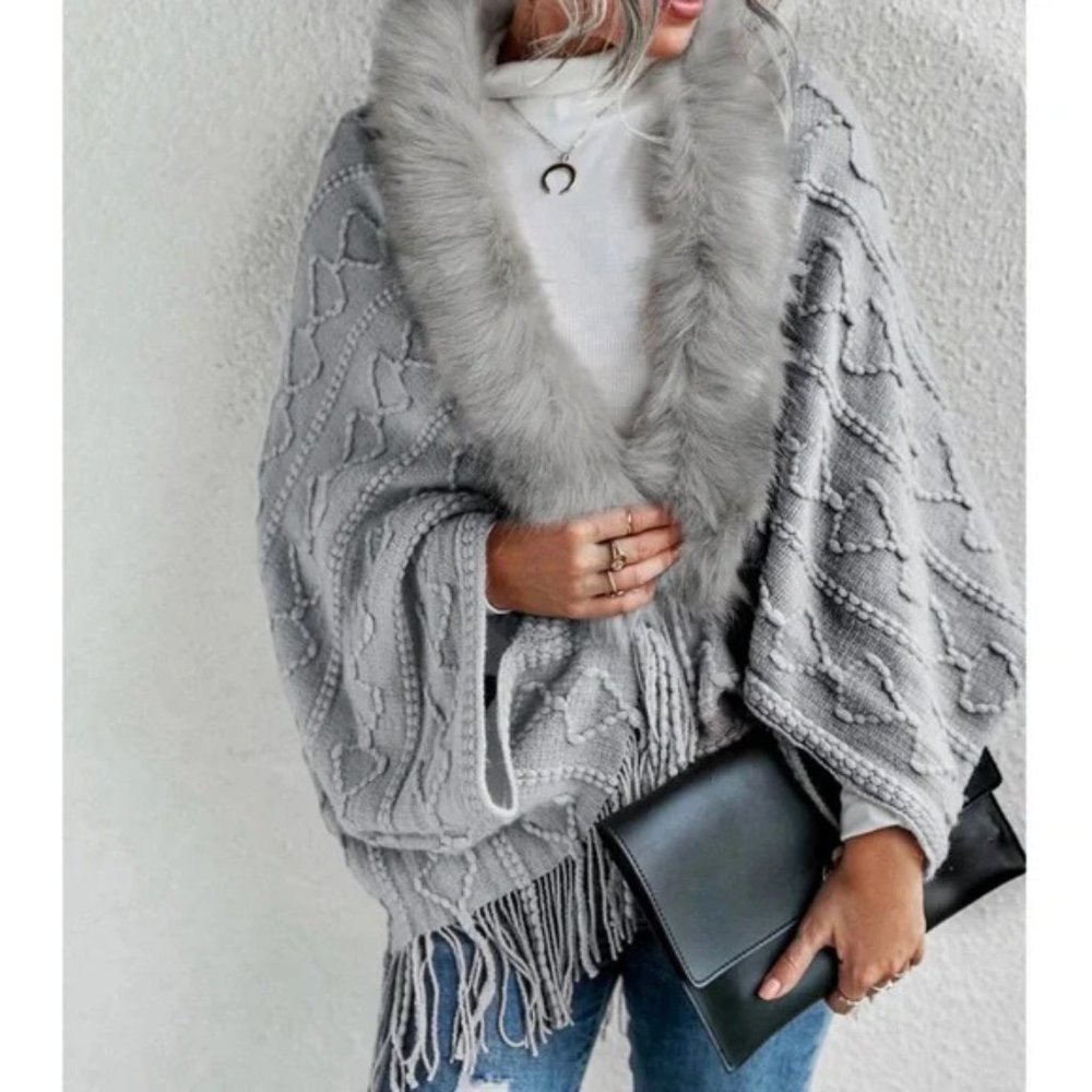 Faux Fur Grey Knit Open Cardigan